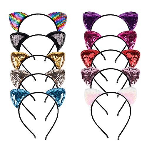 WBCBEC 10 Pieces Hair Hoop Cat Ear Headband Shiny Sequin Hair Hoops Cute Hairband Cats Hair Accessories for Women Girls Daily Wearing and Party Decoration