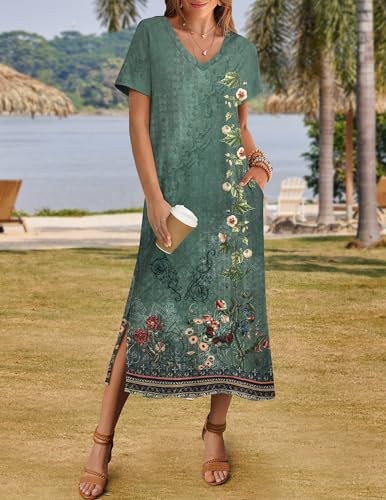 Image of Zeagoo Women Summer Floral Dress Short Sleeve Beach Dress with Pockets Casual V-Neck Split Long T-Shirt Dress Travel Vacation