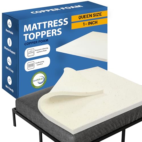 Greaton, 1-Inch Copper-Infused Memory Foam Mattress Toppers, Cooling and Pressure Relieving with Airflow Design, Queen, Beige