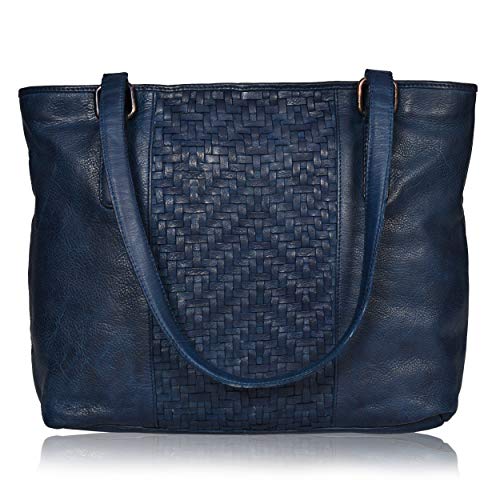 Leather Tote Bag for Women with Zipper - Travel, Work, Over the Shoulder Purses (Blue Wash)