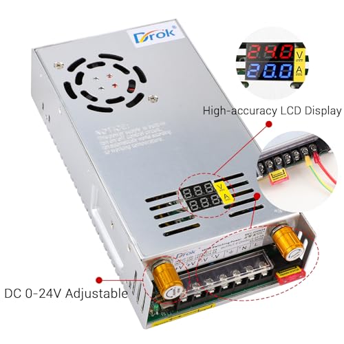 Image of DROK 24V Power Supply, AC 110V /220V to DC 0-24V 0-20A 480W Buck Converter, Volt Amp Adjustable Adapter Regulated 5V 12V 24V Volt Switching Voltage LED Transformer Charger for Computer CCTV Lab
