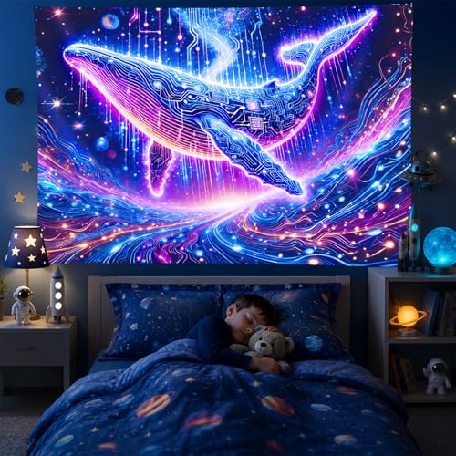 Image of BlissYard Whale Circuit Blacklight Tapestry 78x59 Inch Futuristic Ocean Animal Blacklight Tapestry Glow in The Dark Wall Hanging Neon Whale Decor for Bedroom Living Room Dorm Party Art