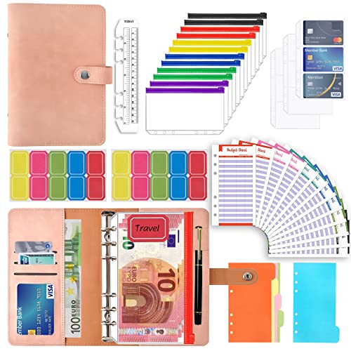 COPSD A6 Macaron Pu Ring Loop Binder, Budget Planner Budget Binder mehrfarbiger PVC-Umschlag geldumschläge mit Kartentyp,Sparbuch, Geld Sparen,MappeMuttertag, Geschenke für Jungen und Mädchen (Rosa) Cover