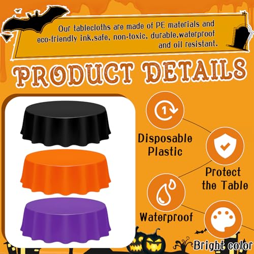Image of CIEOVO 12 Pack Halloween Plastic Tablecloth Black Orange Purple Color Disposable Waterproof Round Tablecloth for Halloween Witch Vampire Party Decorations