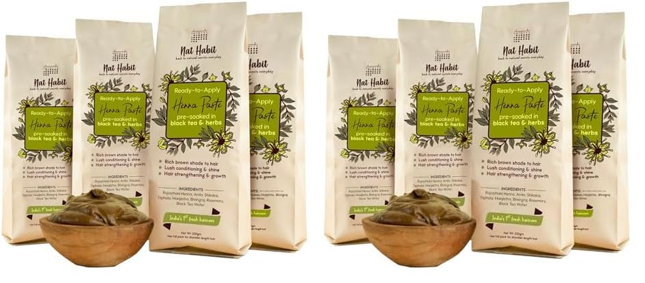 Image of Nat Habit Henna Paste, Pre-Soaked in Black Tea and Herbs, 100% Natural Rajasthani Henna - (Pack of 8 x 220g)