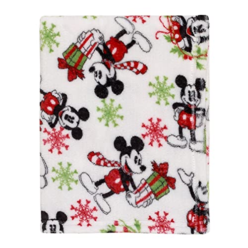 Image of Disney Mickey Mouse White, Red, and Green Holiday Christmas Wreathes, Gifts, and Snowflakes Super Soft Baby Blanket