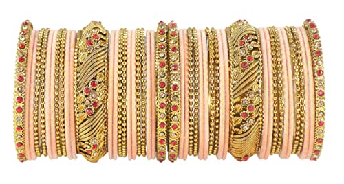 Image of NMII Metal with Zircon Gemstone and Beads Studded Ball Chain Linked Glossy Finished Velvet Bangles Chuda set for Women and Girls