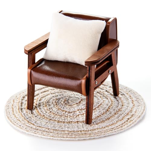 Minamzee 1:12 Dollhouse Couch Furniture Set, 3pcs Dollhouse Living Room Set，Wooden and Leather Armchair ，White Pillow and Beige Round Blanket,...