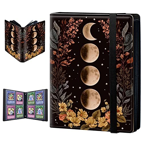 BPQOJB Trading Card Binder, 4 Pocket Trading Cards Album Display Holder, 400 Cards Double Sided Pockets Card Holder Binder Sleeves Card Case for Standard Size Cards Sports Cards,Moon Flowers