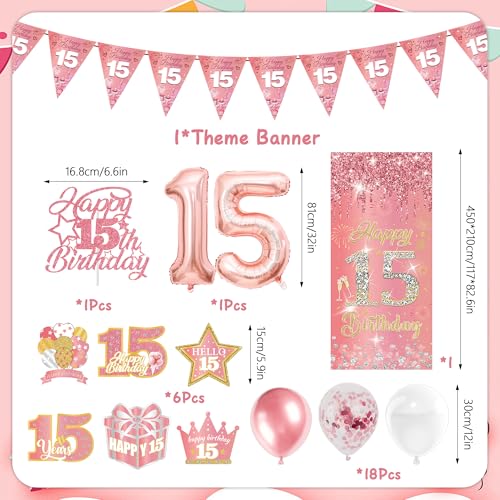 15 Geburtstag MäDchen Deko Set - 29 StüCk Rosegold Glitzer Happy Birthday Geburtstagsdeko Wimpel Tortendeko Mit HintergrüNde Zahl Luftballon Wirbel FüR 15 Jahr Geburtstagsfeier Party Dekoration