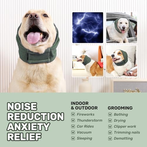 Image of Dog Calming Hoodie, No Shake Ear Wraps for Dogs, Adjustable Dog Ear Muffs for Noise Protection, Ear Wrap Head Cover for Anxiety Relief & Hematoma (Olive Green, L(Head Circle:17.7 inch-23.6 inch))