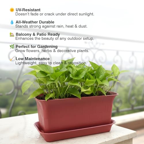 Image of GARDENS NEED 12-16-20 Inches Window Rectangle Flower Pot with Tray | Set of 3 | Brown | Plastic Planter Pots for Indoor & Outdoor Home, Office & Balcony Decoration