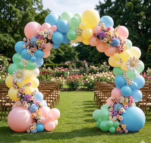 Image of Pastel Balloon Arch Double Stuffed Pink Yellow Blue Green Balloons Different Size for Colorful Spring Princess Unicorn Easter Happy Birthday Baby Shower Party Decorations