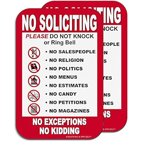 No Soliciting Signs for Home, No Soliciting No Exceptions Please Do Not Knock or Ring Doorbell, 6" x 9" Door/Wall Sign No Rust PVC, Easy to Mount with Included Adhesive (2 Pack) Cover