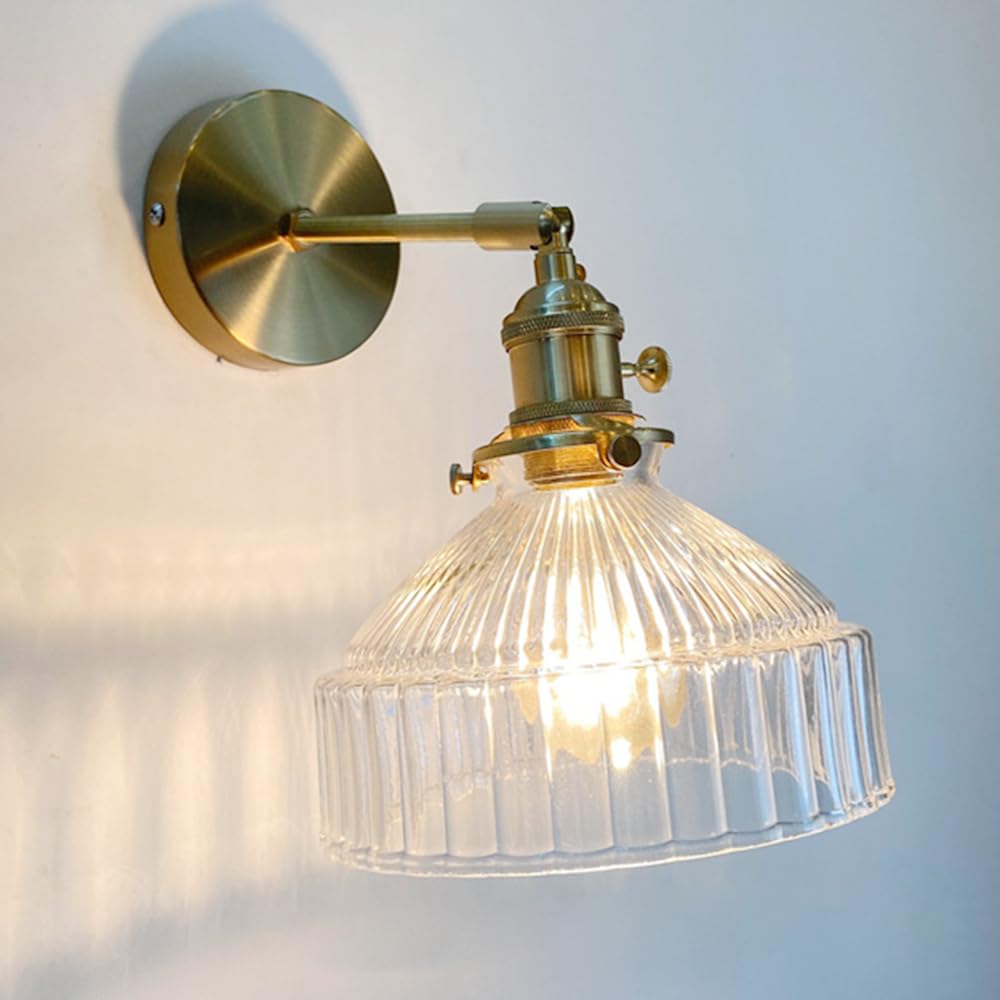 Applique da parete moderna a 1 luce, stile vintage con paralume in vetro a righe, orientabile a 180 gradi, in ottone, con collegamento fisso e interruttore, ideale per comodino, camera da letto, port