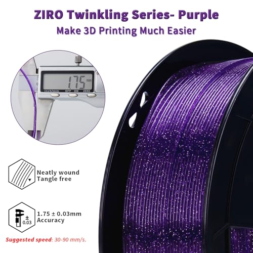 Image of ZIRO PLA Filament 1.75mm, Shiny Sparkle Glitter with Transluent Base, Twinkling PLA Series 3D Printer Filament, Colorful Printing Material,1kg /2.2lbs Spool, Fit Most FDM Printers, Twinkling Purple