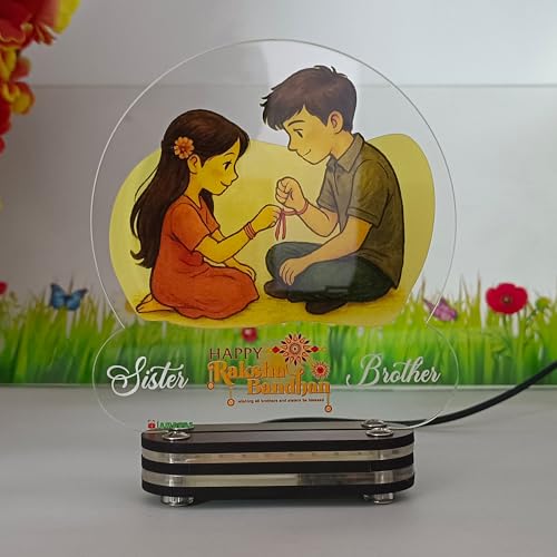 Image of lampees Personalised Raksha Bandhan LED Acrylic Lamp for Brother & Sister | Custom Name Rakhi Night Light with Brother Sister Picture | Customized Rakshabandhan Gift for Bhai Behan bro Sis