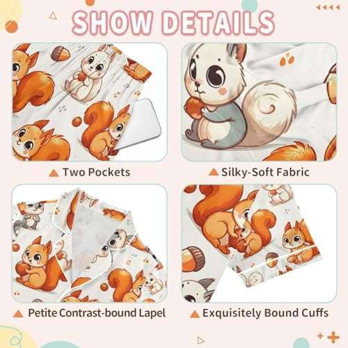 senya Cute Squirrel Eat Satin Summer Pajama Sets Silk Short Sleeve Button Down Sleepwear3