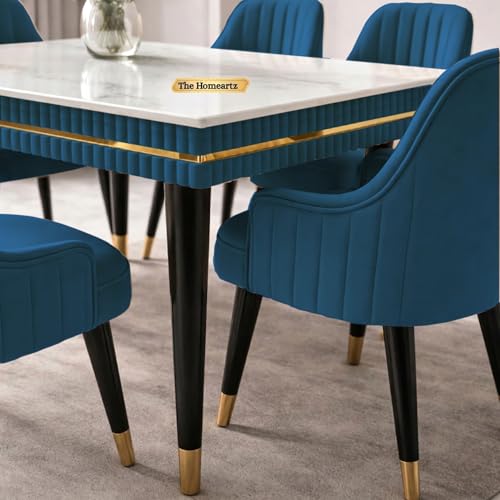 Image of Elara Modern Dining Table Set 4-Seater Wooden Dining Table Set | 1 Year Warranty | Nano Composite Marble Marble Top Table with 4 Chairs (Blue)