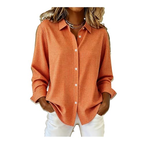 Women's Casual Contrast Color Autumn And Winter Retro Plaid Print Shirt Plaid Blouse Fall Sweatshirts For Women Orange