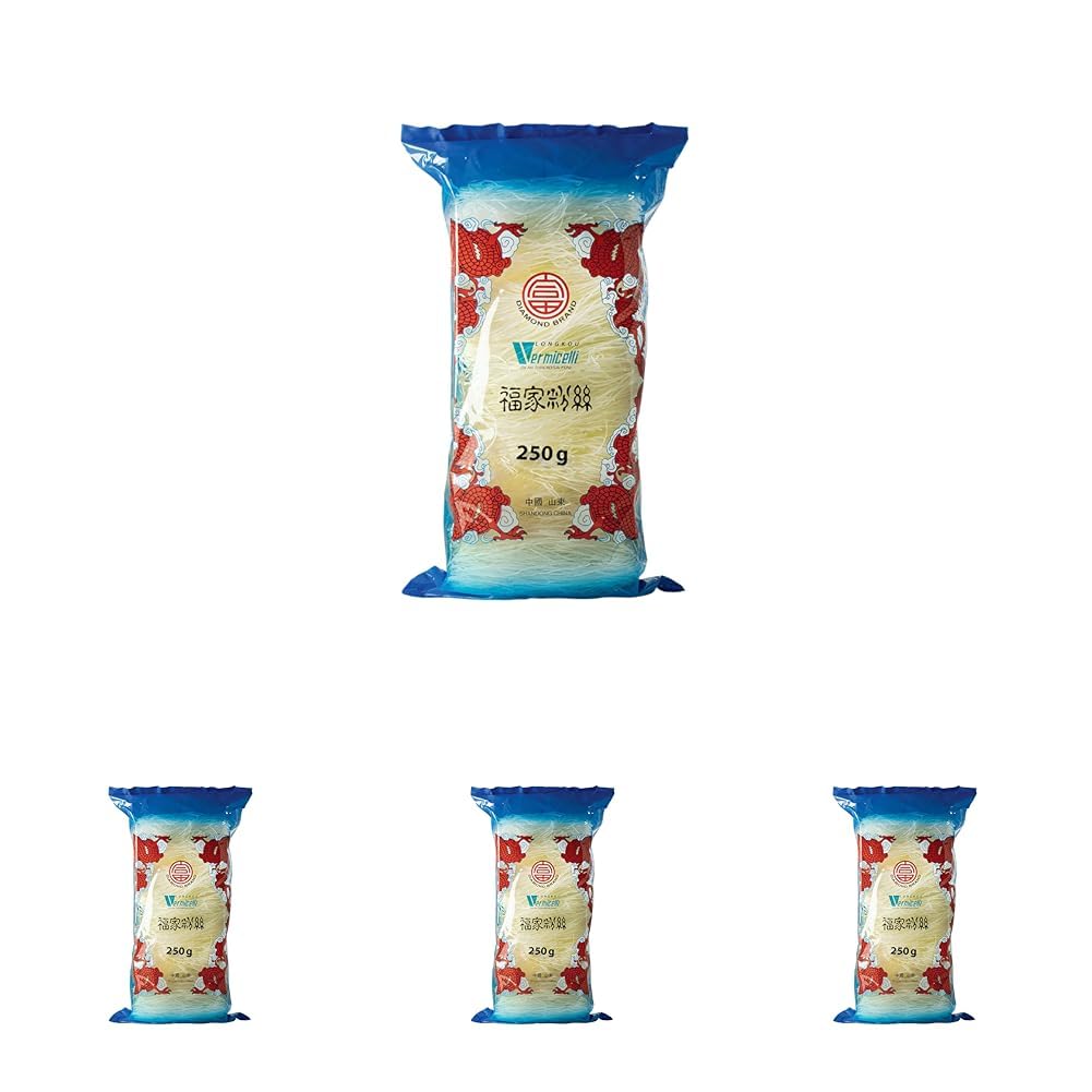 DIAMOND Glasnudeln, lange Glasnudeln, von Natur aus vegan und glutenfrei - 1 x 250 g (Packung mit 4)