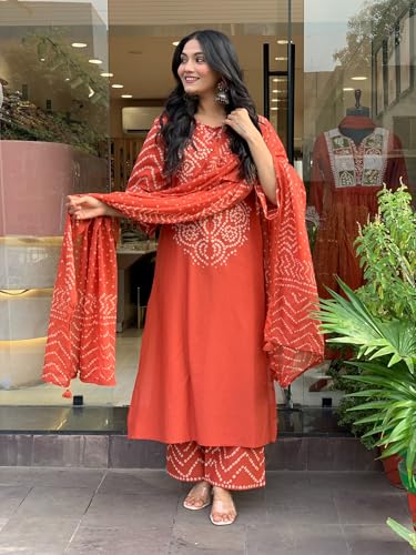 Image of GoSriKi Kurta Sets for Women Rayon Viscose Bandhani Printed | Kurti Set for Woman | Kurta Pant Dupatta Set | Straight Kurti | Round Neck 3 /4 Sleeve Suit Set for Women Stylish Ethnic Outfit
