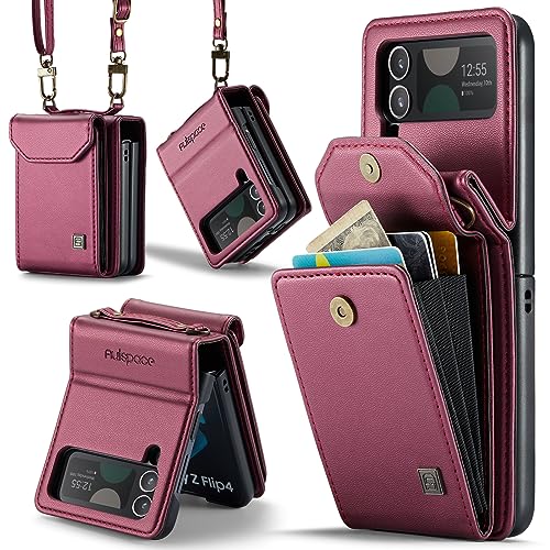 ASAPDOS Crossbody Case Compatible with Samsung Galaxy Z Flip 4,Retro PU Leather Strap Wristlet Flip Case with Magnetic Closure and Card Holder for Men Women Wine Red