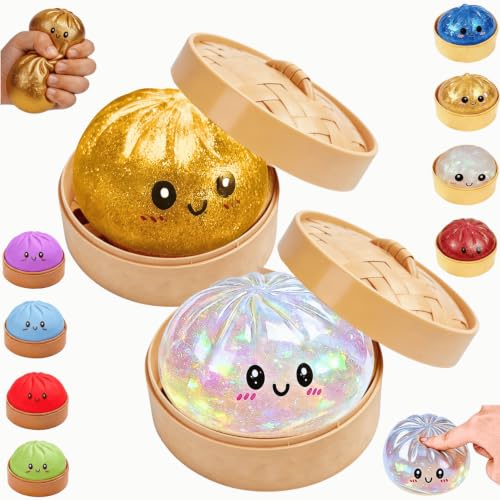 Image of Dumpling Squishy, 2PCS Glitter Dumpling Squishy Toys, Squishies Dumplings with Mystery Steamer Box, Stress & Anxiety Relief Toys for Kids & Adults Non-Edible (Glitter White Gold)