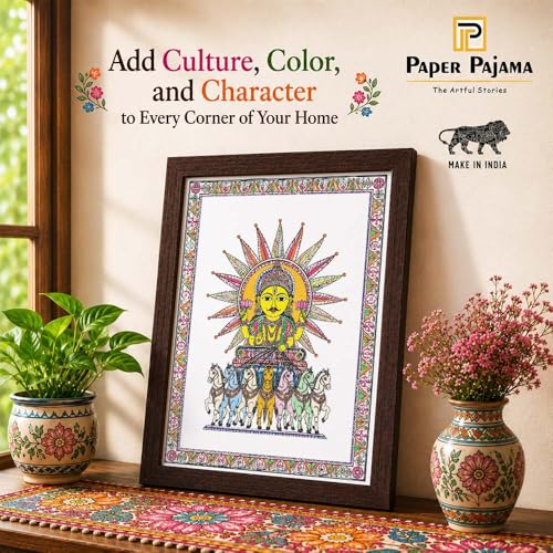 Image of PAPER PAJAMA Surya Dev 7 Horse Wall Art for Living Room | Madhubani Sun God Painting with Seven Horses | Traditional Mithila Religious Framed Decor for Home, Office & Pooja Room (10x13 Inches)