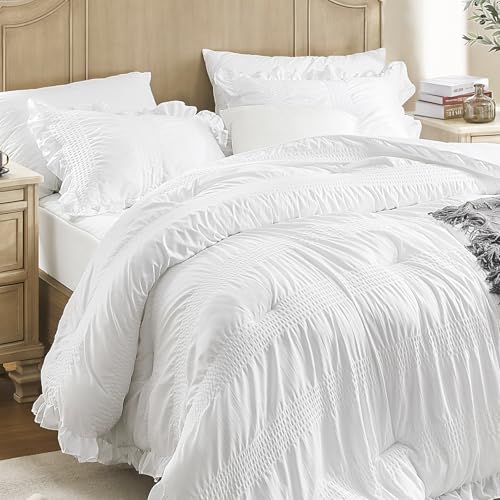 QUIETSEA Full Comforter Set Seersucker 7 Pieces Luxury Ruffle Bed in a Bag Full Size for All Season White Bedding Set with Comforter Pillowcases Flat Sheet Fitted Sheet and Pillow Shams