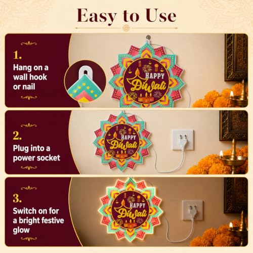 Image of One94Store Happy Diwali Door Hanging Decoration with LED Lights | Illuminated Lotus Rangoli & Diya Wall Decor, Indian Festival of Lights Hanging for Door, Home, Living Room, Office & Party Decor
