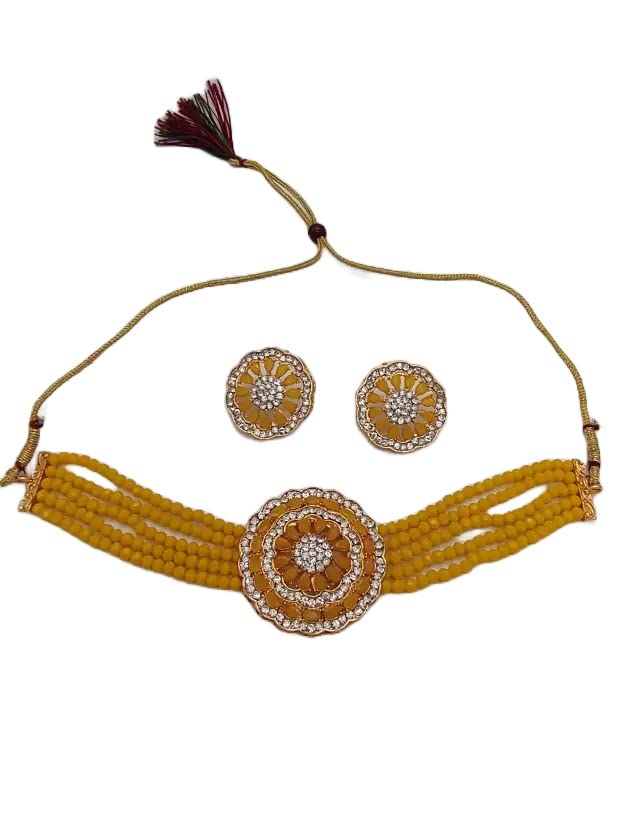 Jewar MandiJewar Necklace Set Layered Onyx Crystal Beads Gold Plated Pearl Polki Ad Cz Choker Gold Tone With Matching Earrings Jewelry For Women And Girls, Gold Plated, Cubic Zirconia