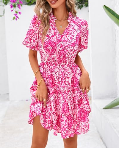 Image of BTFBM Women Summer Floral Short Dresses V Neck Short Sleeve Tiered Ruffle Boho Swing Dress A-Line Mini Dresses