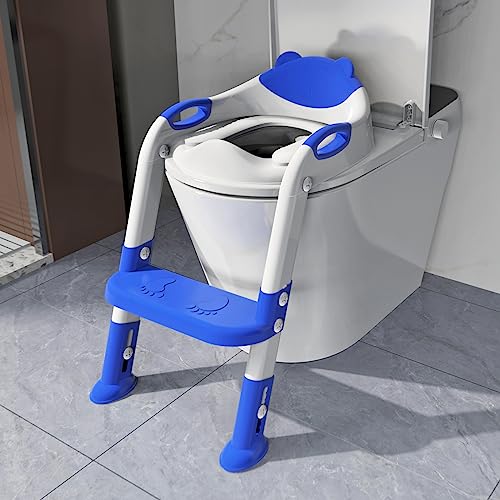 Image of Potty Training Seat with Step Stool Ladder, SKYROKU Potty Training Toilet for Kids Boys Girls Toddlers - Comfortable Safe Potty Seat with Anti-Slip Pads Ladder Navy Blue