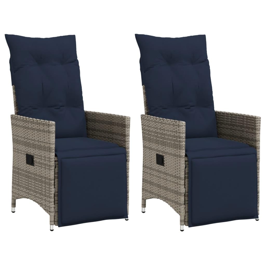 Lot de 2 fauteuils de Jardin extérieur inclinables en rotin synthétique Gris 56 x 59 x 92 cm Dossier et Repose-Pieds réglables Coussin Bleu Marine Amovible pour terrasse Balcon Bain de Soleil