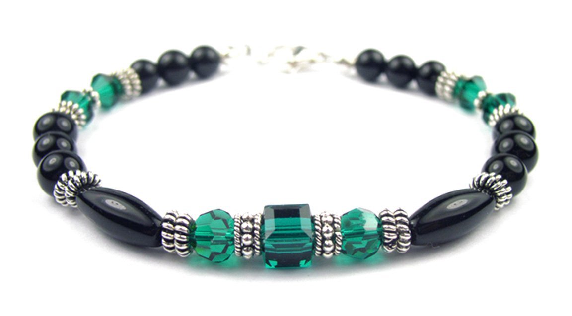 DAMALI Emerald Birthstone May Green Crystal Bracelet with Beads, Taurus & Gemini Zodiac Gems in Black Onyx