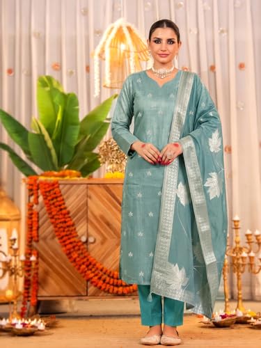 Image of Pinkmint Women Jacquard Silk Ethnic Kurta with Dupatta Suit for Women | Straight Fit Designer Wear with Woven Pattern & Tassel Dupatta | Availble in Plus Size