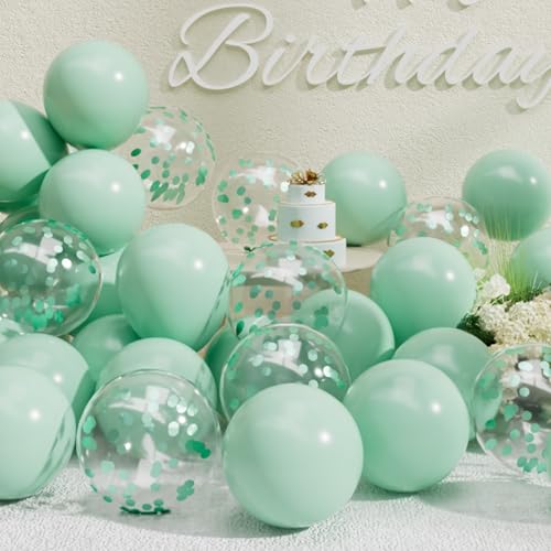 Image of SUWEN 47PCS Mint Green Latex and Confetti Light Pastel Green Balloons Set | Light Pastel Green Helium Balloon for Birthday Anniversary Gender Reveal Party Decorations