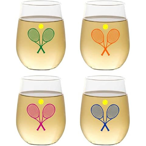 Set of 4 Shatterproof Designer 16 oz Plastic Wine Glasses MADE in the USA (TENNIS) Cover