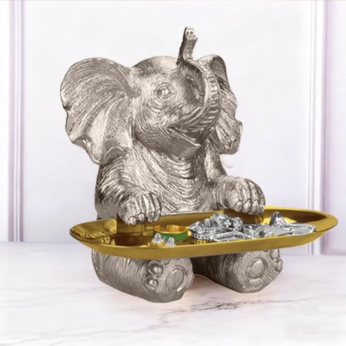 Will Art Museum Silver Elephant Statue with Storage Tray African Elephant Sculpture Home Decor for Living Room, Office, Bookshelf, Desk, Unique Elephant Gift for Women Mom Mother's Day Birthday