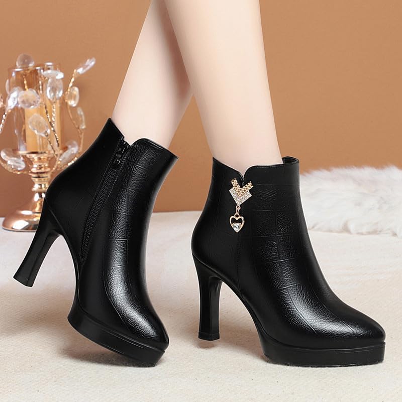 Women's Black Heel Ankle Booties Soft Leather Platform Side Zipper Sparkling Rhinestones Winter Warm Fur Lined Thickening Snow Boot