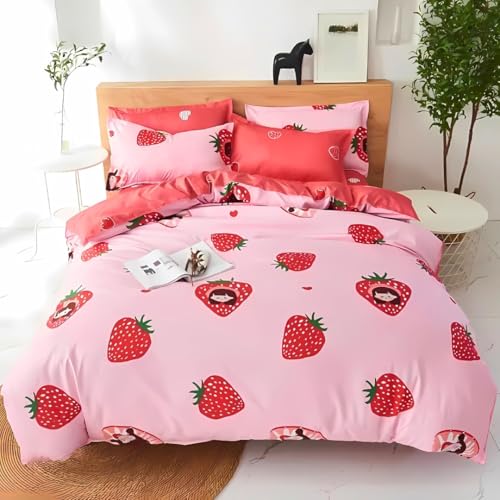 Image of Famyo King Size Bedsheet Set with 2 Pillow Covers, 250 TC Fitted Kids Bedsheet, Comforter & Comforter Cover (5pc Set) -Home Decor, 72x78 inches, Pink Strawberry Design