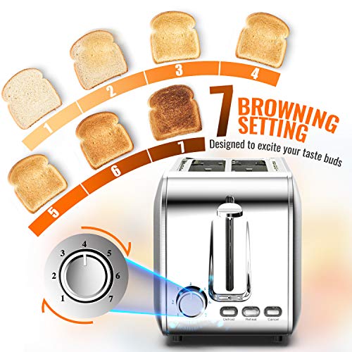 Toasters 2 slice Best Rated Prime Wide Slot Stainless Steel 2 Slice Toaster with 7 Shade Settings & Removable Crumb Tray & Defrost/Reheat/Cancel Mode