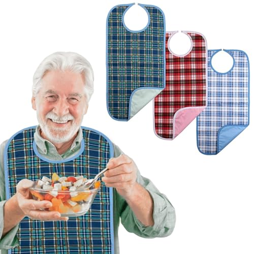 Adult Bibs, 3-Pack Washable Waterproof Clothing Protector for Men, Women, Elderly Seniors - Reusable Large Feeding Bibs