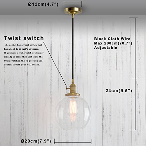 Permo 1-Light Vintage Industrial Clear Glass Hanging Pendant Light With 7.9" Globe Round Shade (Antique) #TOP1