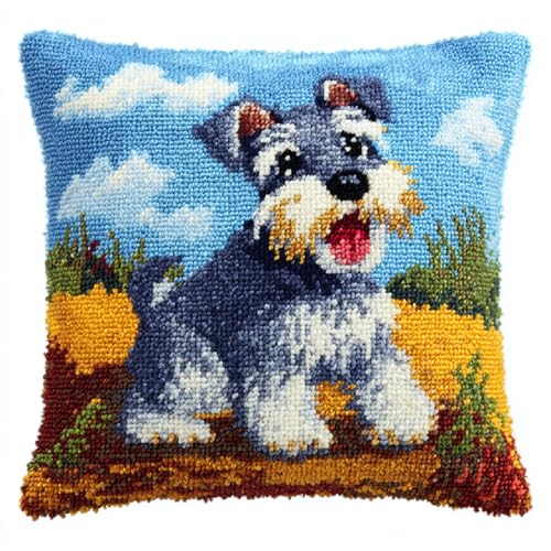 ANSIWEIGO DIY Knüpfkissen Latch Hook Kit,Selbstgestaltetes Kissen Knüpfen Knüpfen für Kinder und Erwachsene,43x43 cm,mit Wolle & Werkzeug,Wohndeko,Relax& Kreativität t,Schnauzer