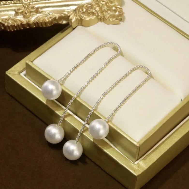 Sparkling Rhinestone Long Tassel Pearl Dangle Earrings for Women Vintage Crystal Pearl Drop Earrings Wedding Party Bridal Jewelry - Image 6