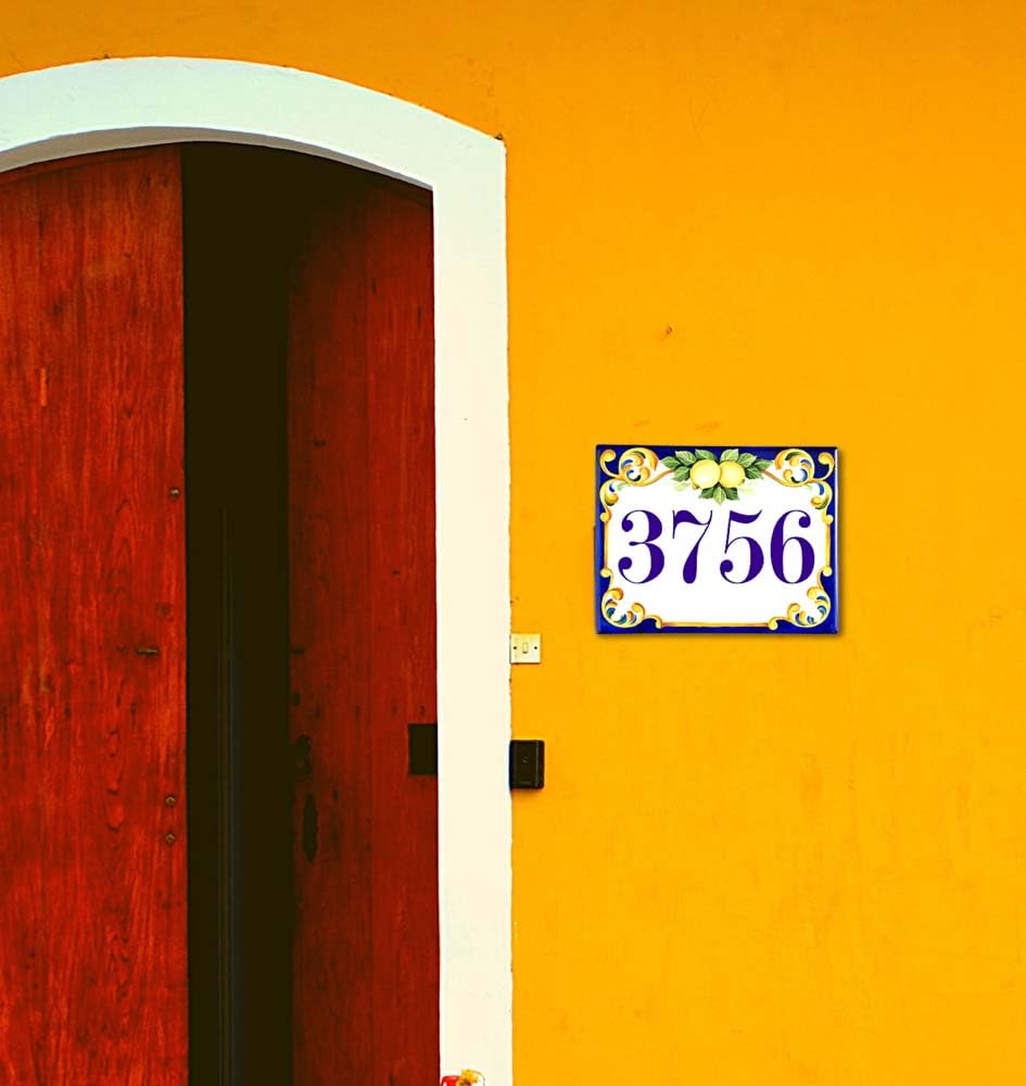 Personalisierte Mediterrane Keramik-Adressplakette mit Hausnummer & Familienname, Blaues Zitronen-Fliesenschild für Haustür, Eingangsbereich, Villa & Zuhause