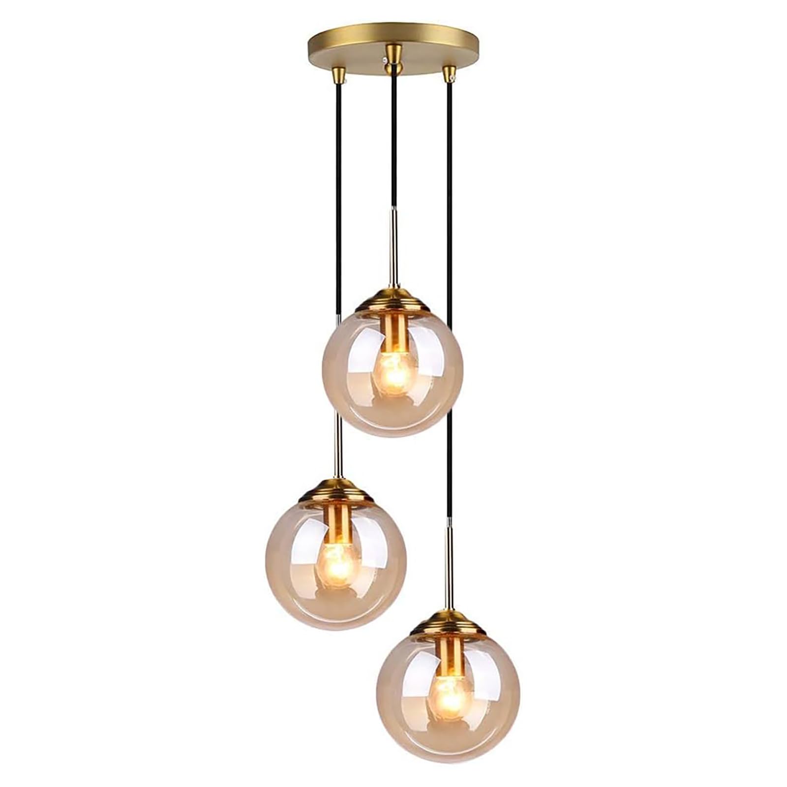 Modern Globe Glass 3 Pendant Lights - Glass Ball Pendant Lighting for Kitchen Island, Dining Room, Bedroom - Farmhouse Pendant Lighting Fixtures - Ceiling Hanging Light (Amber)