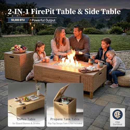 Image of SUNSHINE VALLEY Patio Furniture Set with Fire Pit, Sectional Outdoor Conversation Sets with 10 inch Thick Cushions, 7 Pieces L Shaped Modular Yellow Rattan Wicker Sofa, Low Profile Lawn Garden Couch Set